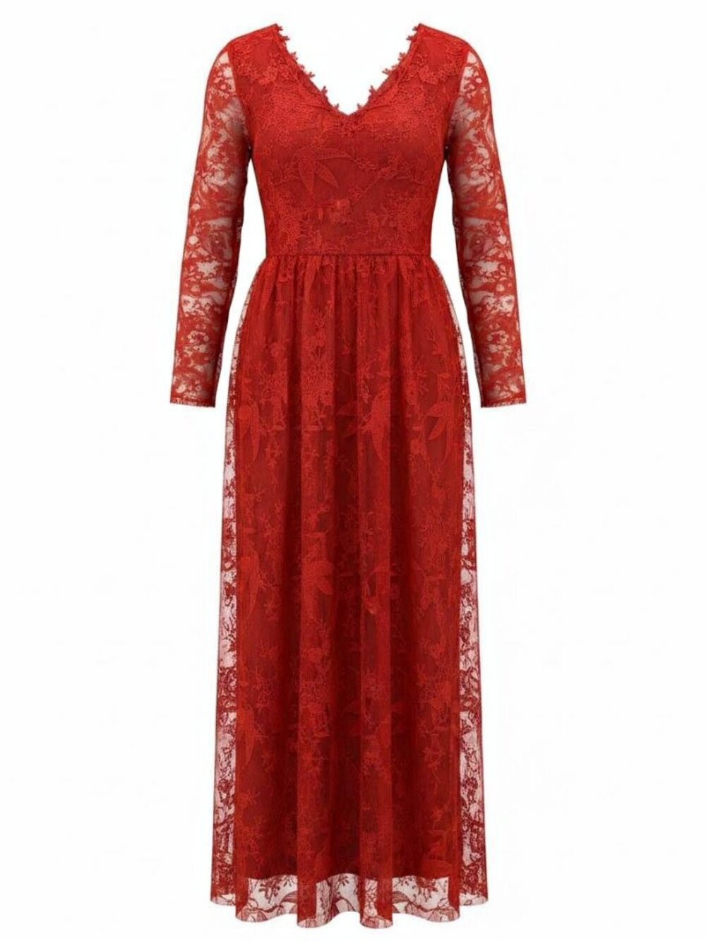 Red Lace Long-Sleeve Formal Maxi Dress